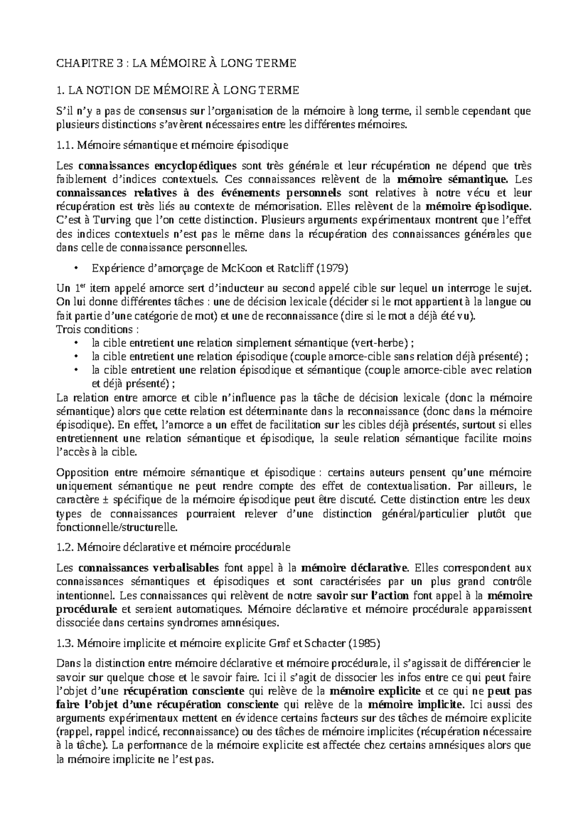CHAPITRE 3 : LA MÉMOIRE À LONG TERME - FICHE D'ÉTUDE - Studocu
