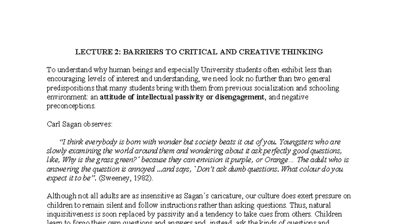 LECTURE 2: BARRIERS TO CRITICAL & CREATIVE THINKING - Studocu