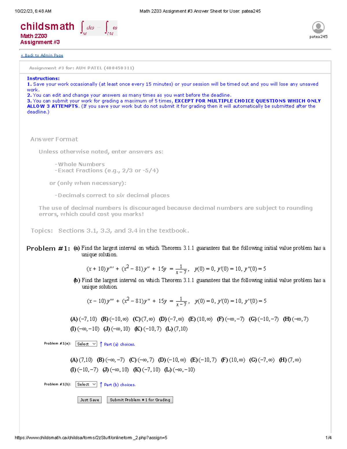 Math 2Z03 Assignment #3 Answer Sheet for AUM PATEL's Solutions - Studocu