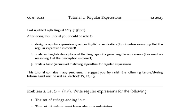 comp2022 Tutorial 2: Regular Expressions Solutions s2 2025 - Studocu