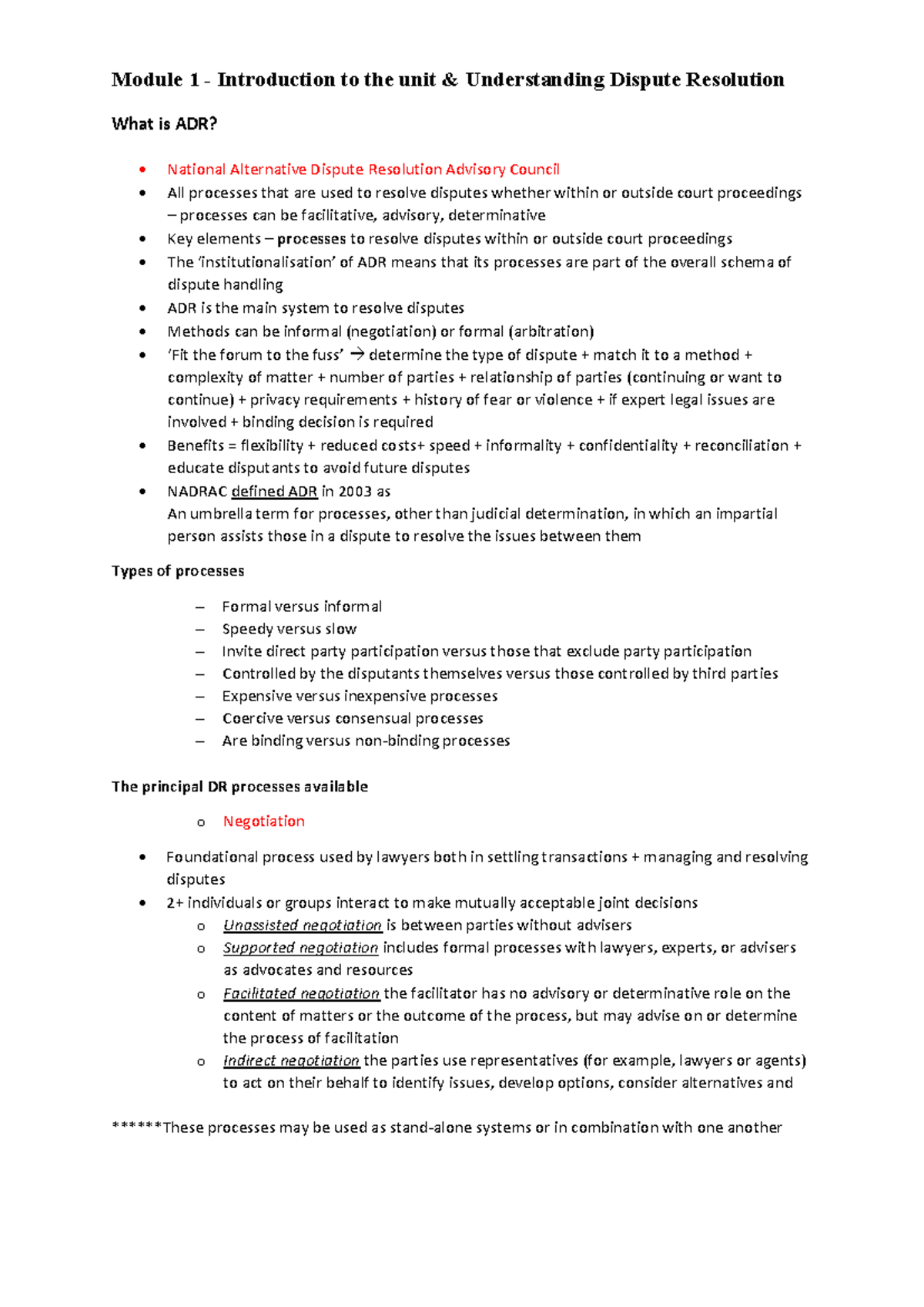 Alternative Dispute Resolution note for the entire semester - Module 1 ...