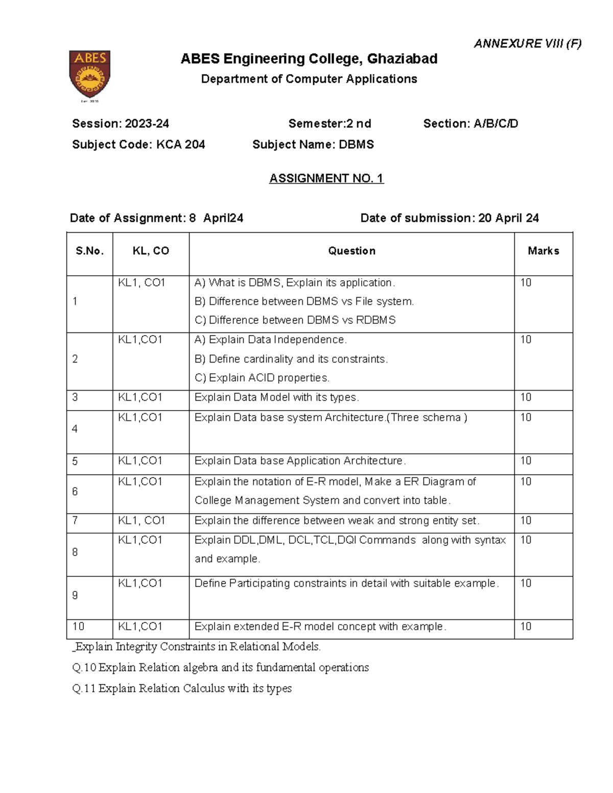 Assignment 1 - KCA 204: DBMS Concepts and Applications - Studocu