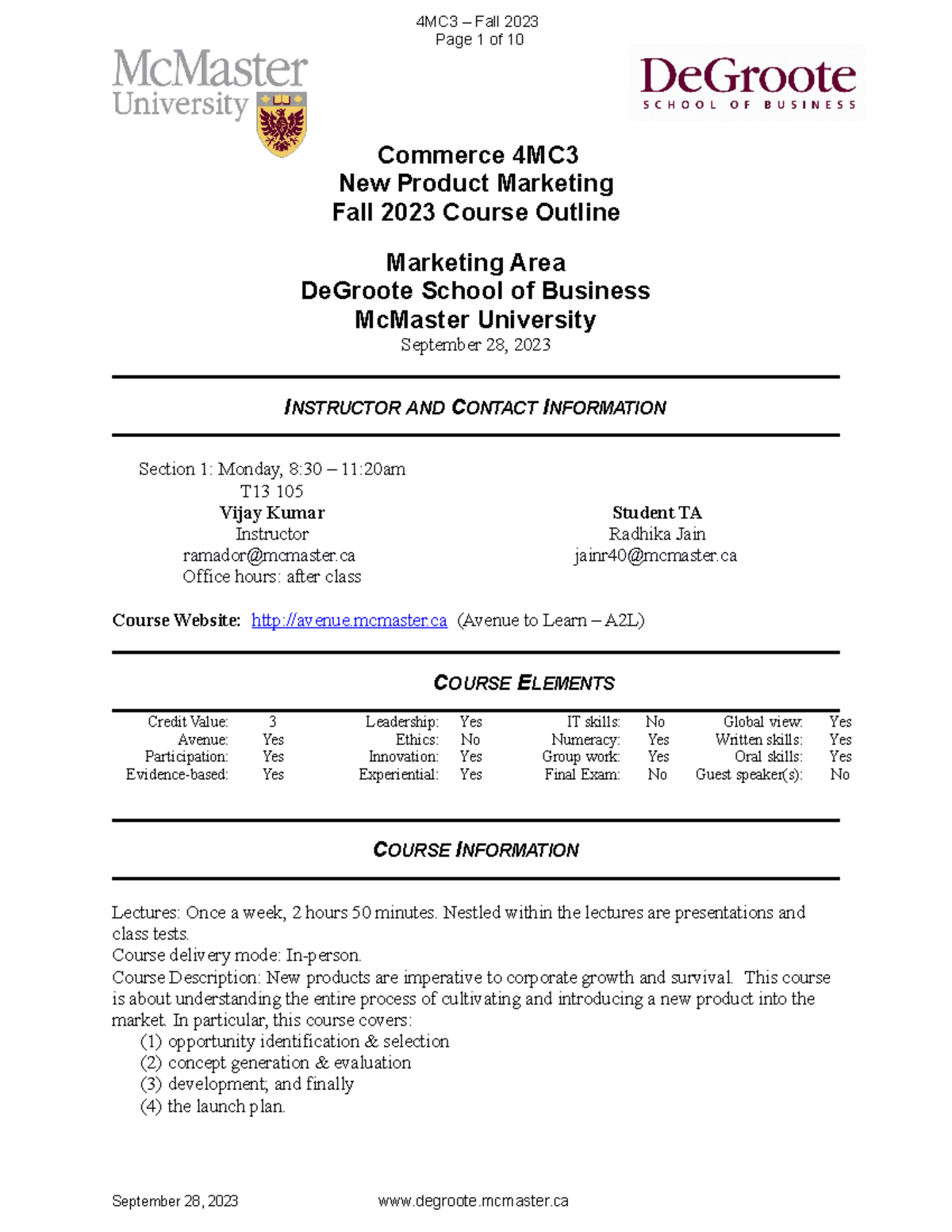Mc Master 4MC3Outline - Overview of course - Commerce 4MC New Product ...