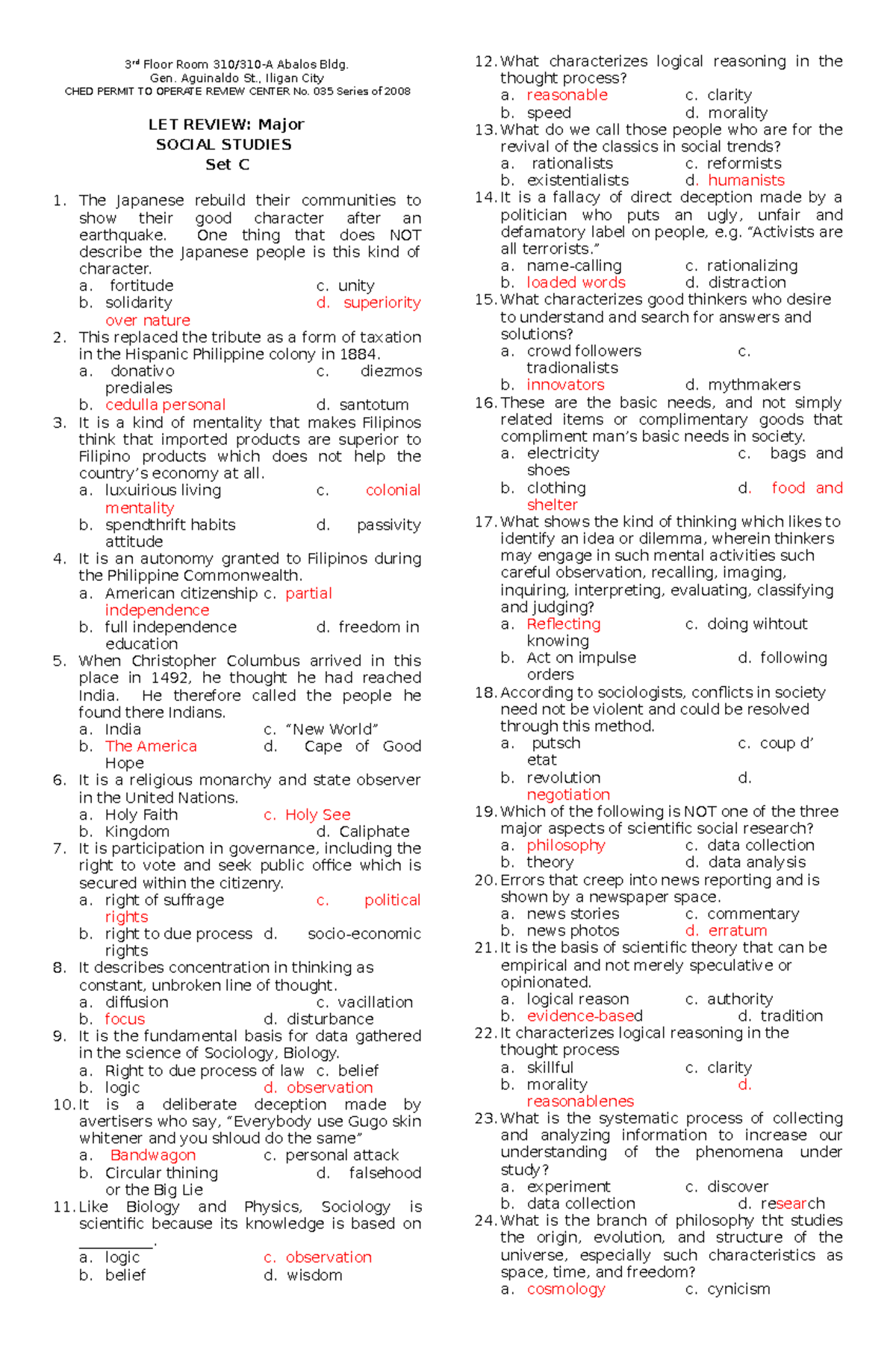 LET Social Studies Review Set C for Teacher Licensure Exam - Studocu
