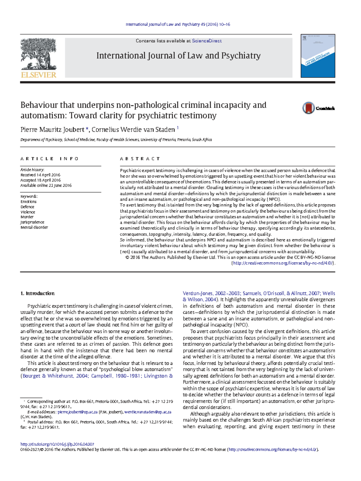 Behaviours Leading to Non-Pathological Incapacity and Automatism ...