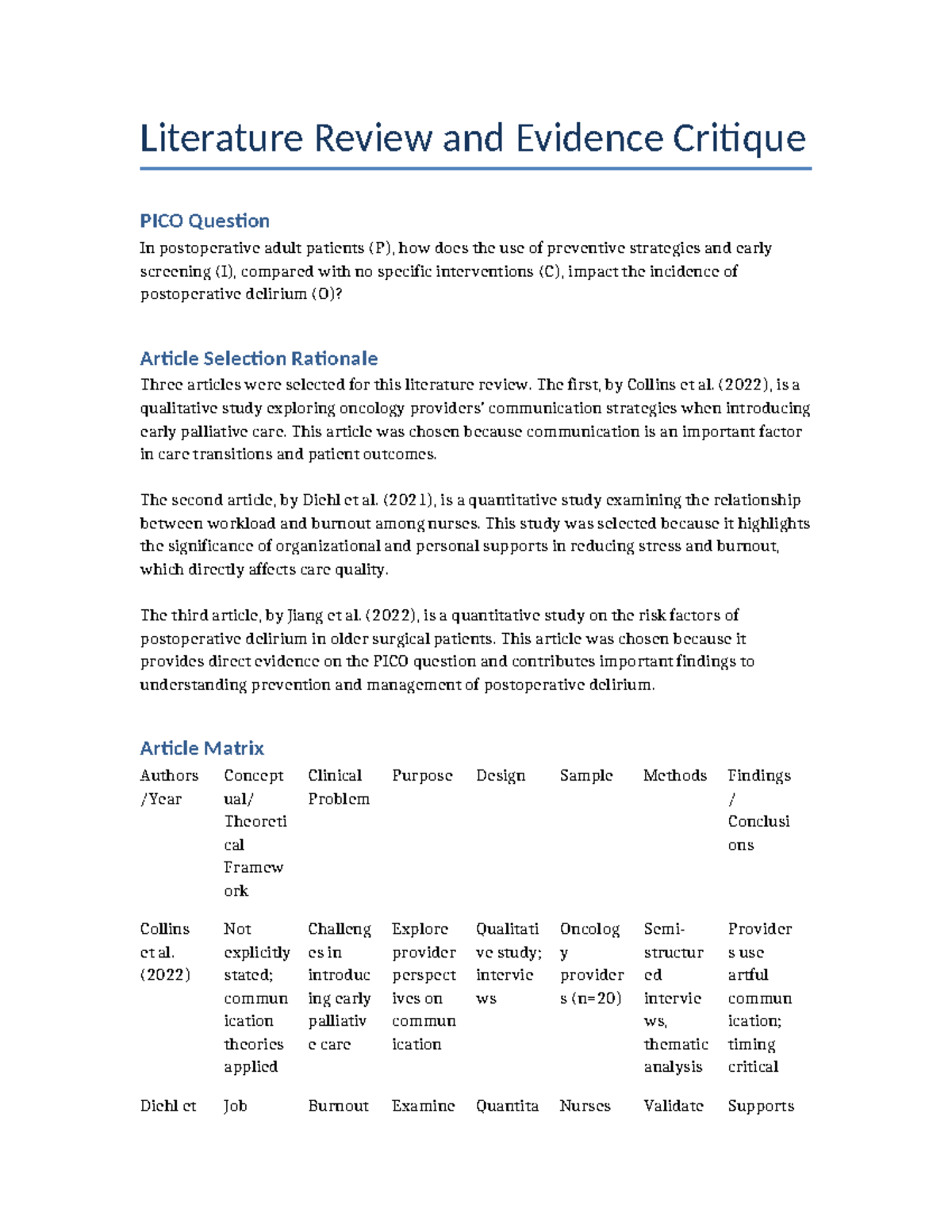 Literature Review & Evidence Critique on Postoperative Delirium PICO ...