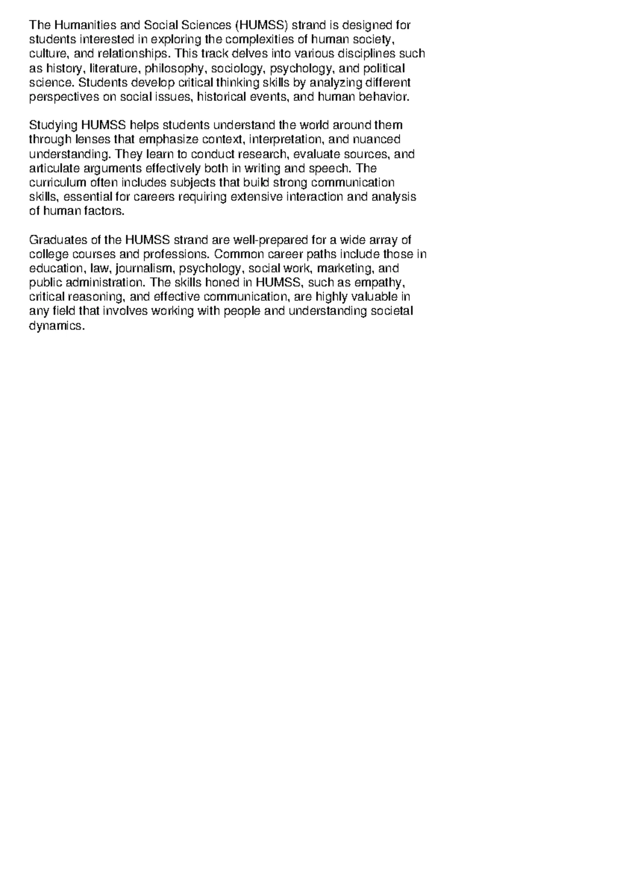 HUMSS Strand Overview: Key Subjects & Career Paths - Studocu