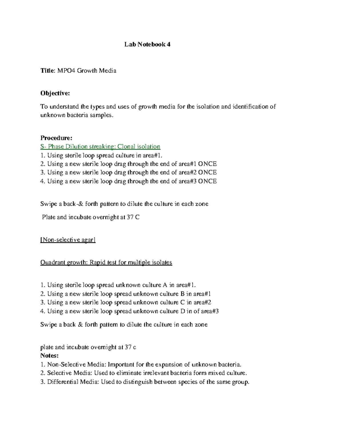 MPO4 Lab Notebook 4: Growth Media Techniques and Procedures - Studocu