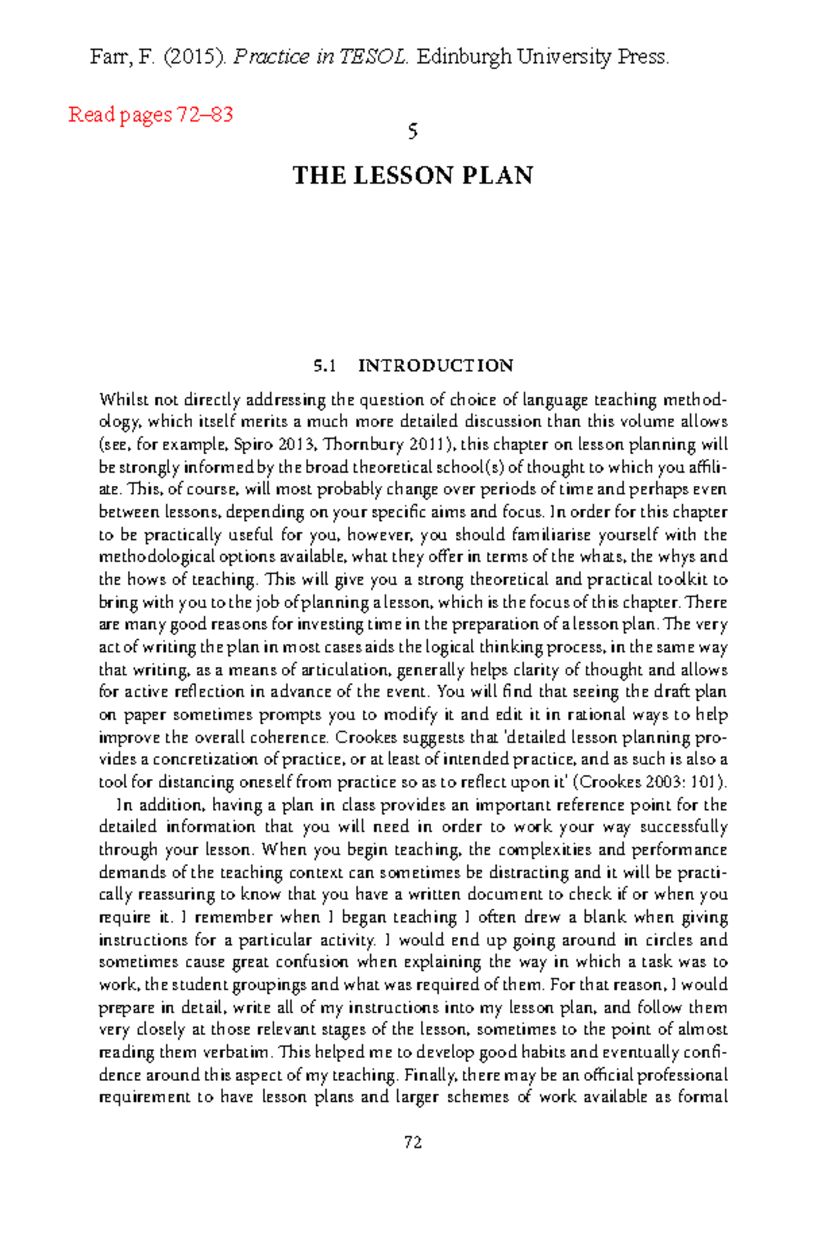Farr - 2015 - Practice in Tesol - The lesson plan - 72 5 THE LESSON ...