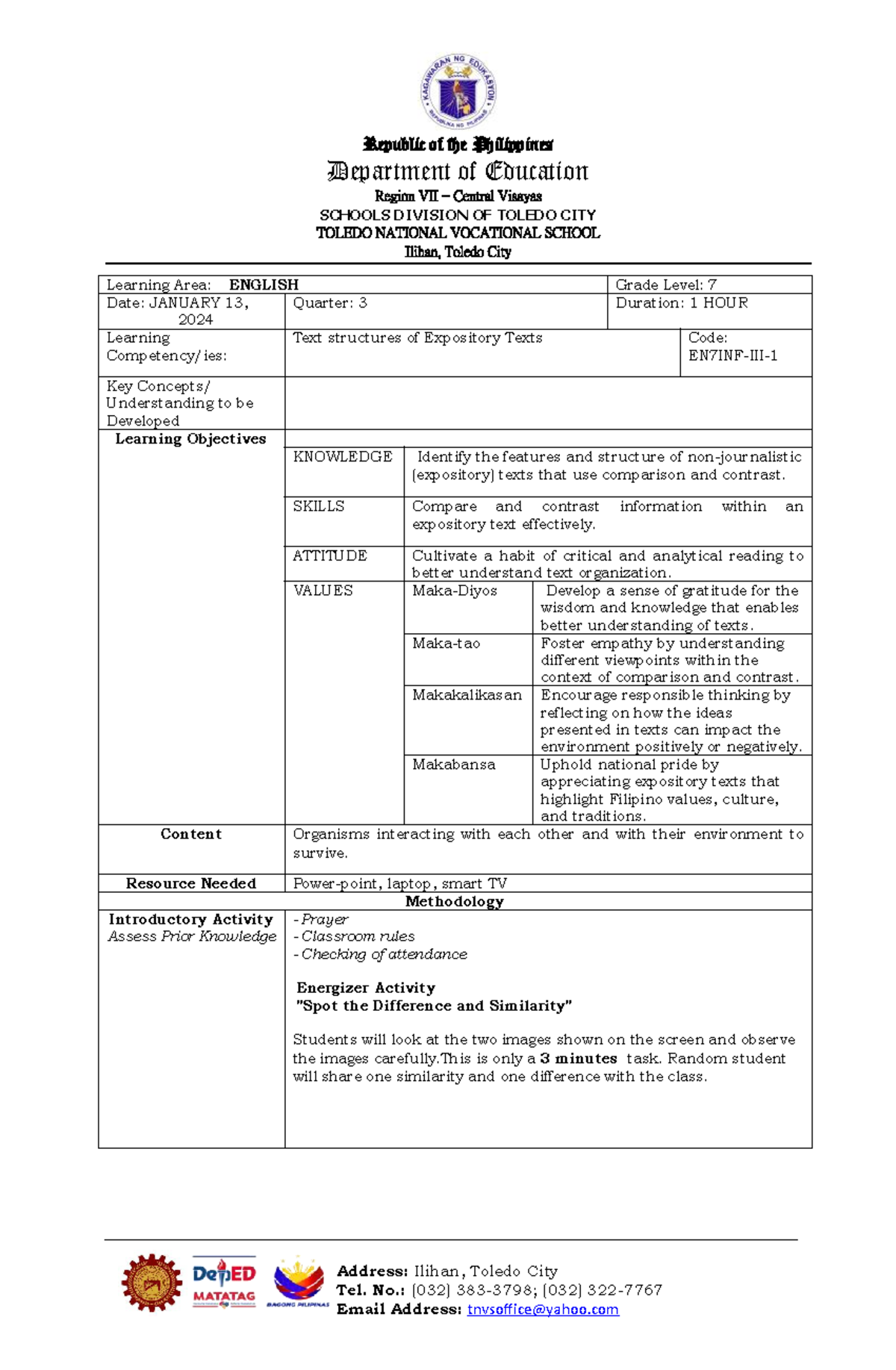 TNVS English 7 Lesson: Understanding Expository Text Structures - Studocu
