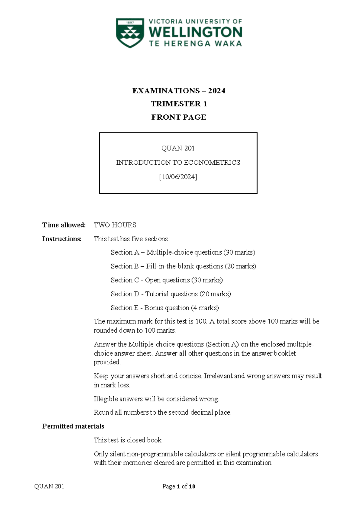 2024 QUAN 201 - Final Exam: Introduction to Econometrics Overview - Studocu