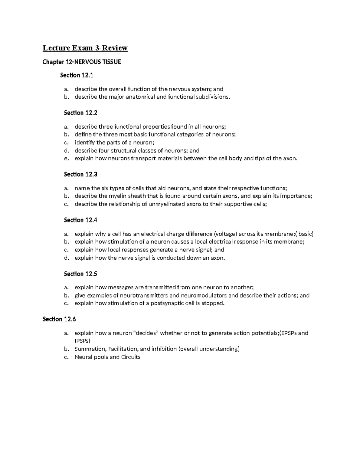 Lecture Exam 3 Review: Nervous System Structure & Function (BIO 101 ...