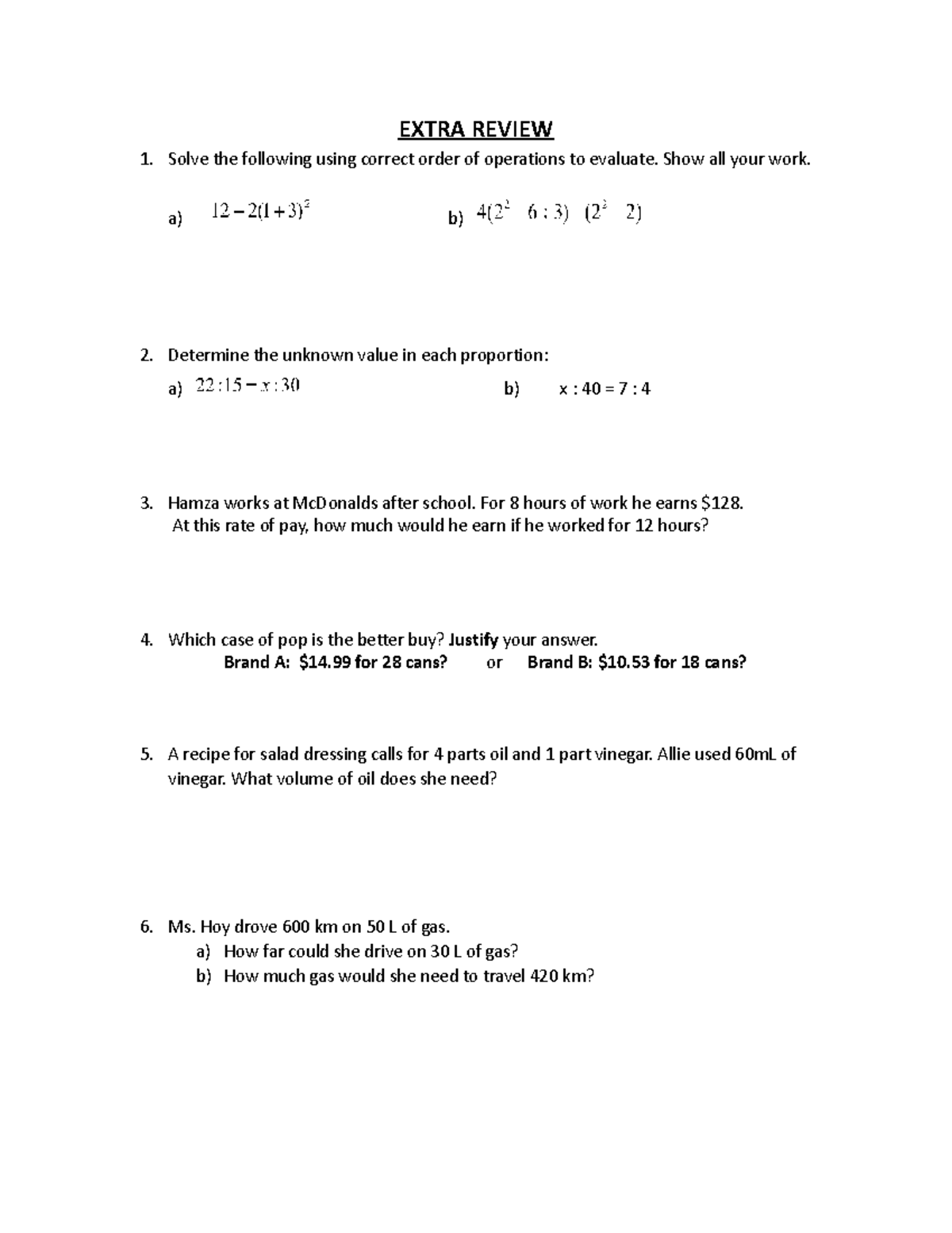 Extra Review 1: Order of Operations & Proportions - Studocu