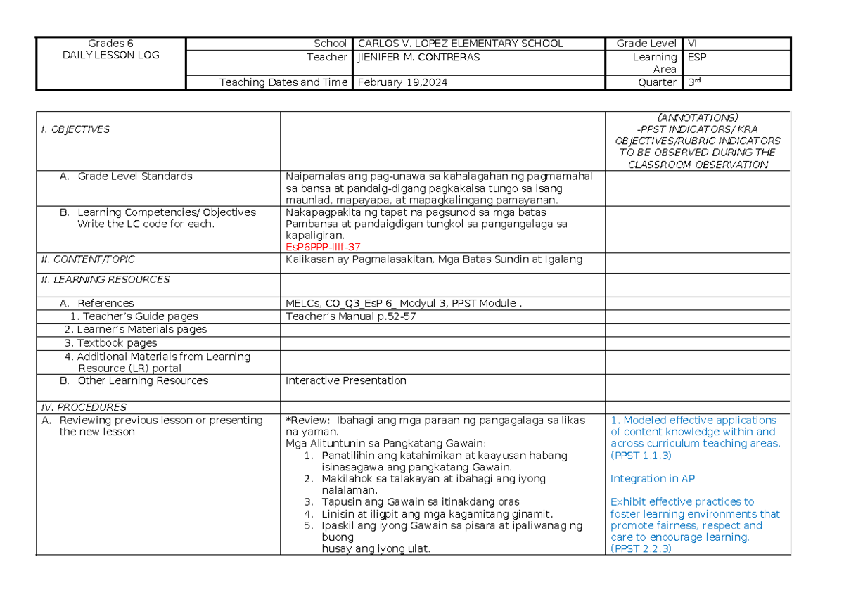 COT DLP- ESP-Q3-6 Daily Lesson Log for Grade VI by JIENIFER M ...