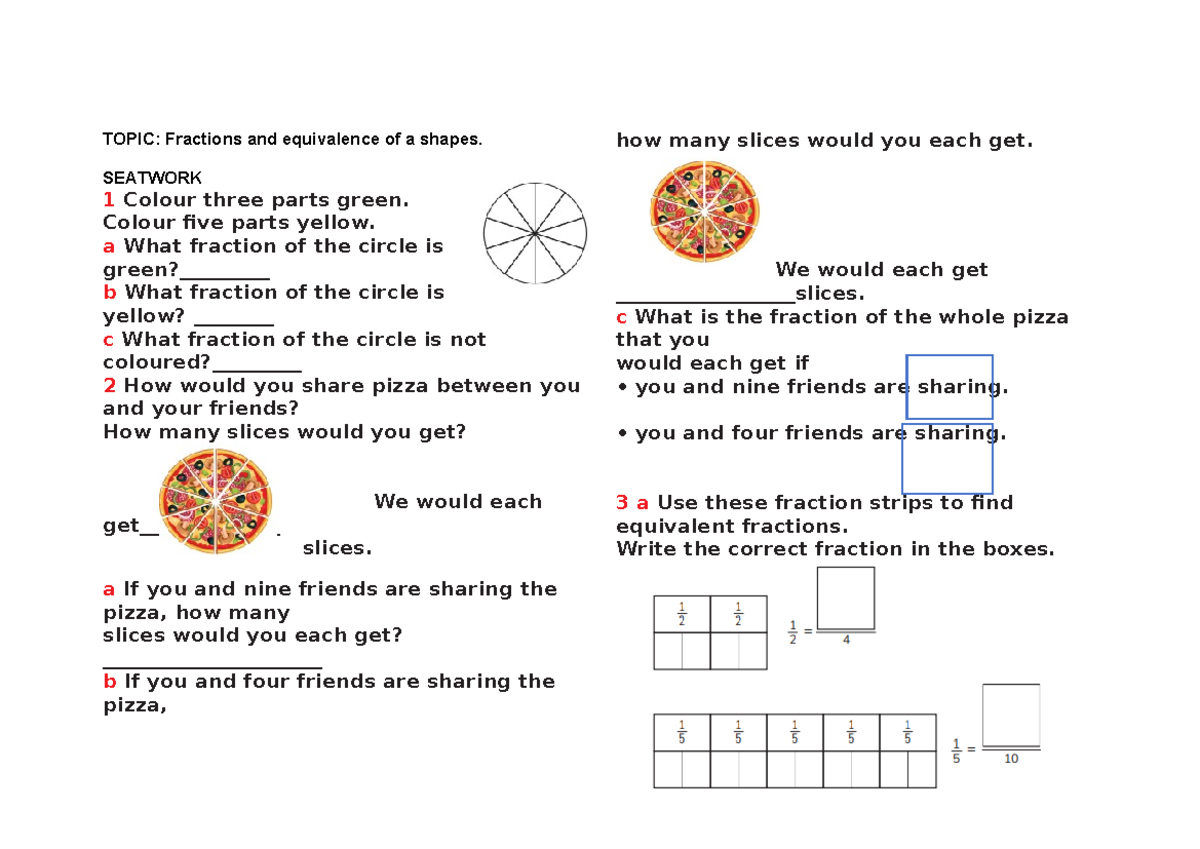 MATH WEEK 5 SEAT WORK: Fractions & Shape Equivalence Activities - Studocu