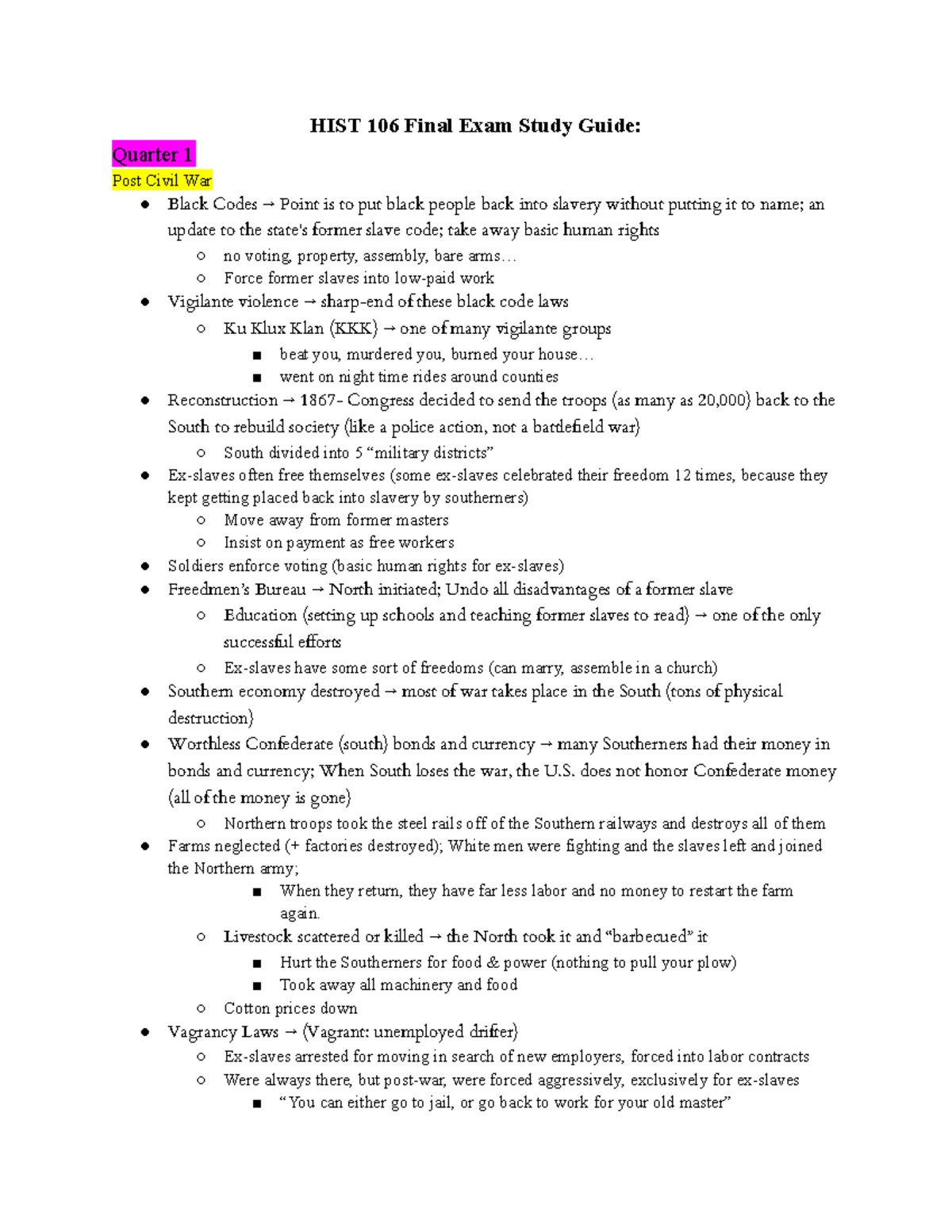 HIST 106 Final Exam Study Guide: Key Themes and Events Covered - Studocu