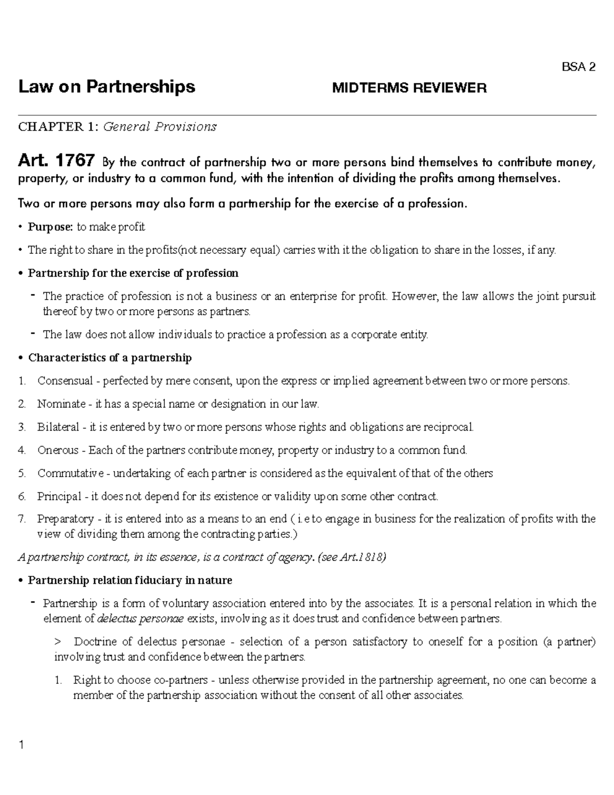 BSA 2 Law on Partnerships Midterms Reviewer: Chapter 1 Overview - Studocu