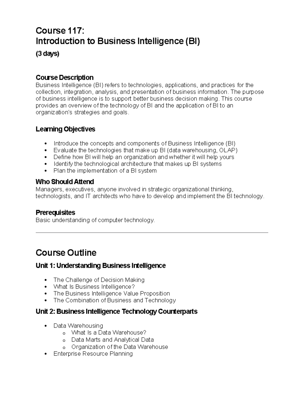 Business Intelligence (BI) Course Syllabus - Course 117 - Studocu