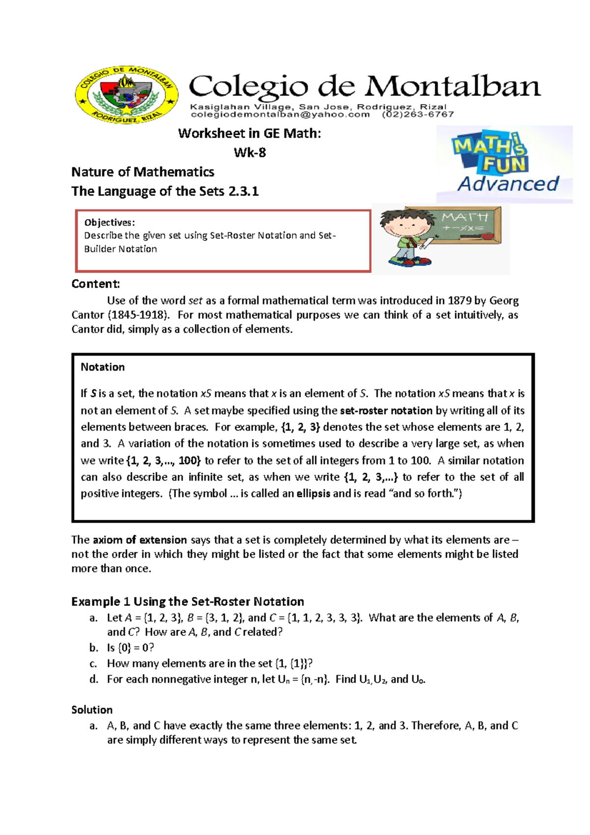 GE Math - Worksheet 8: Understanding Sets and Notation - Studocu