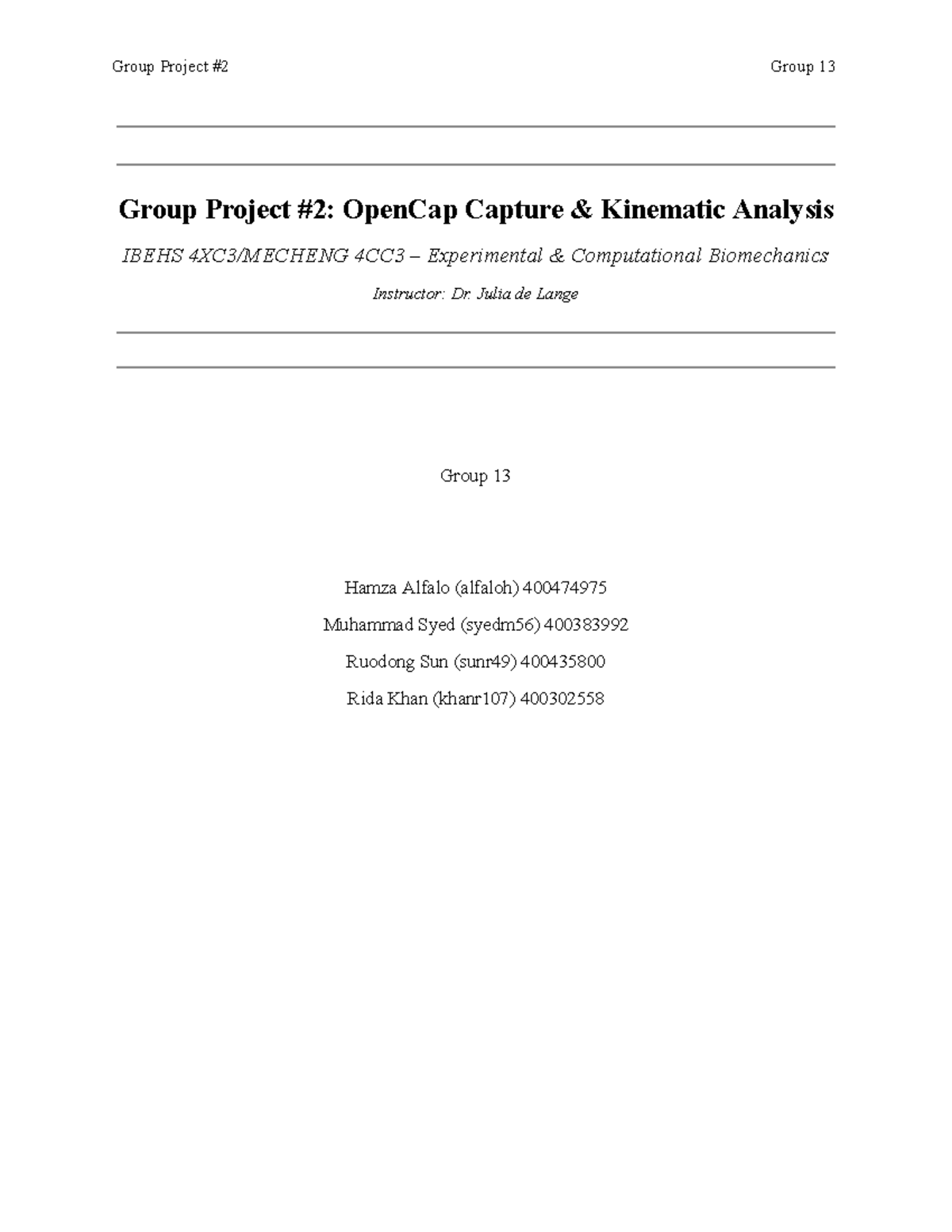 4CC3 Group Project #2: OpenCap Capture & Kinematic Analysis - Studocu