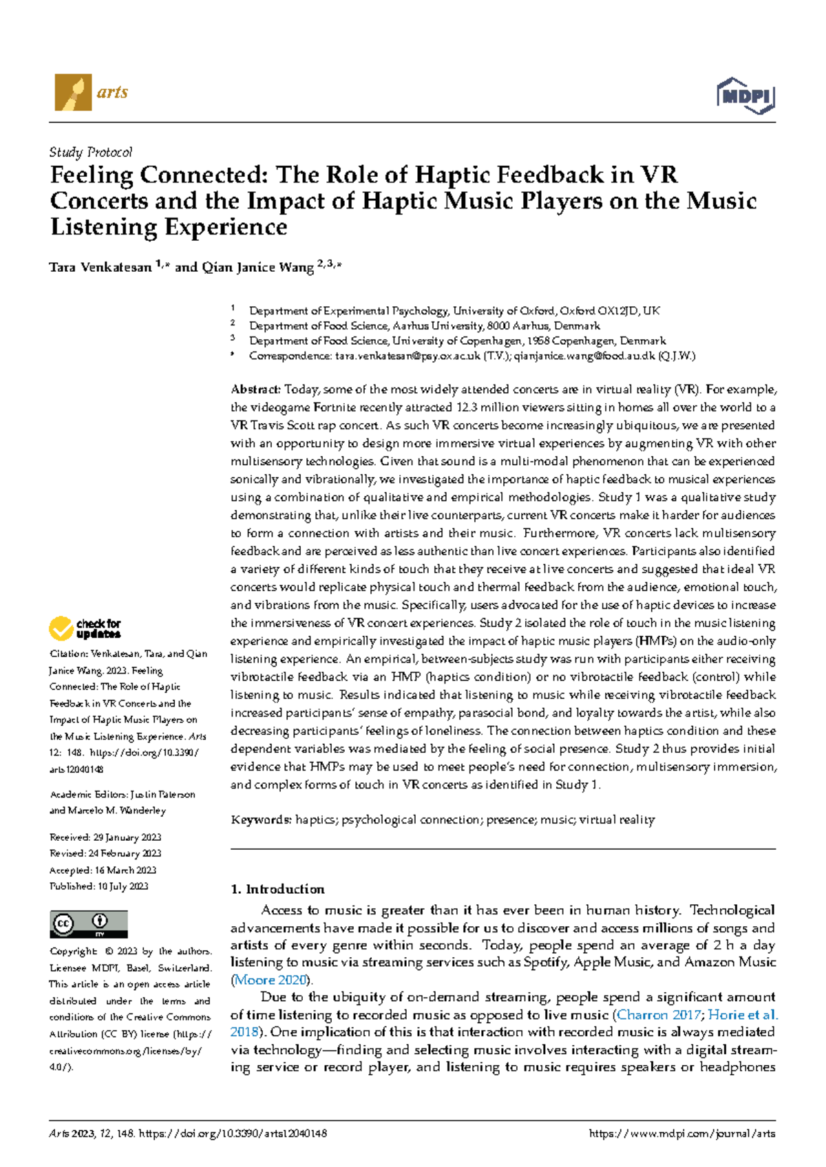 Arts 12: The impact of haptic feedback on VR concert experiences - Studocu