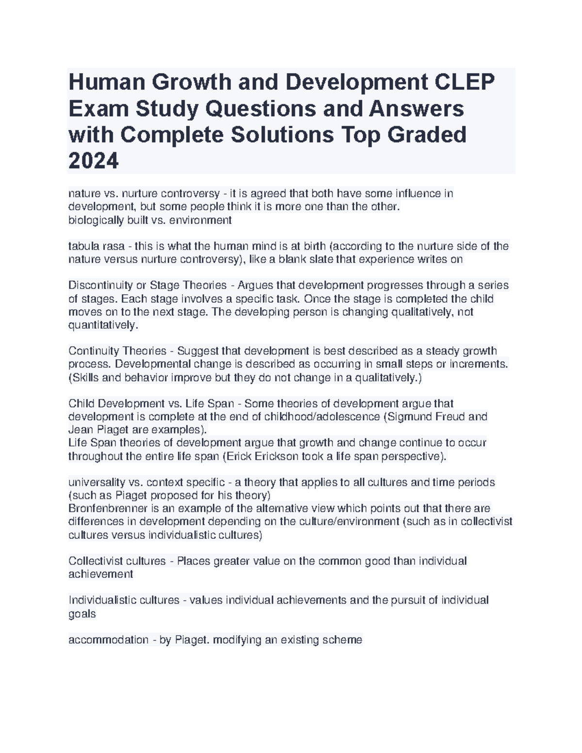 Human Growth and Development CLEP Exam Study Guide 2024 - Studocu