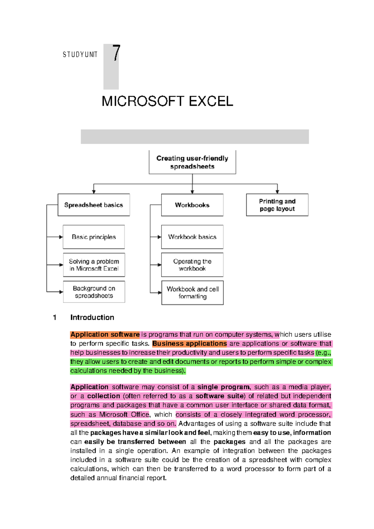 Study Unit 7 - unit 7 - S T U D Y U NIT 7 MICROSOFT EXCEL 1 ...