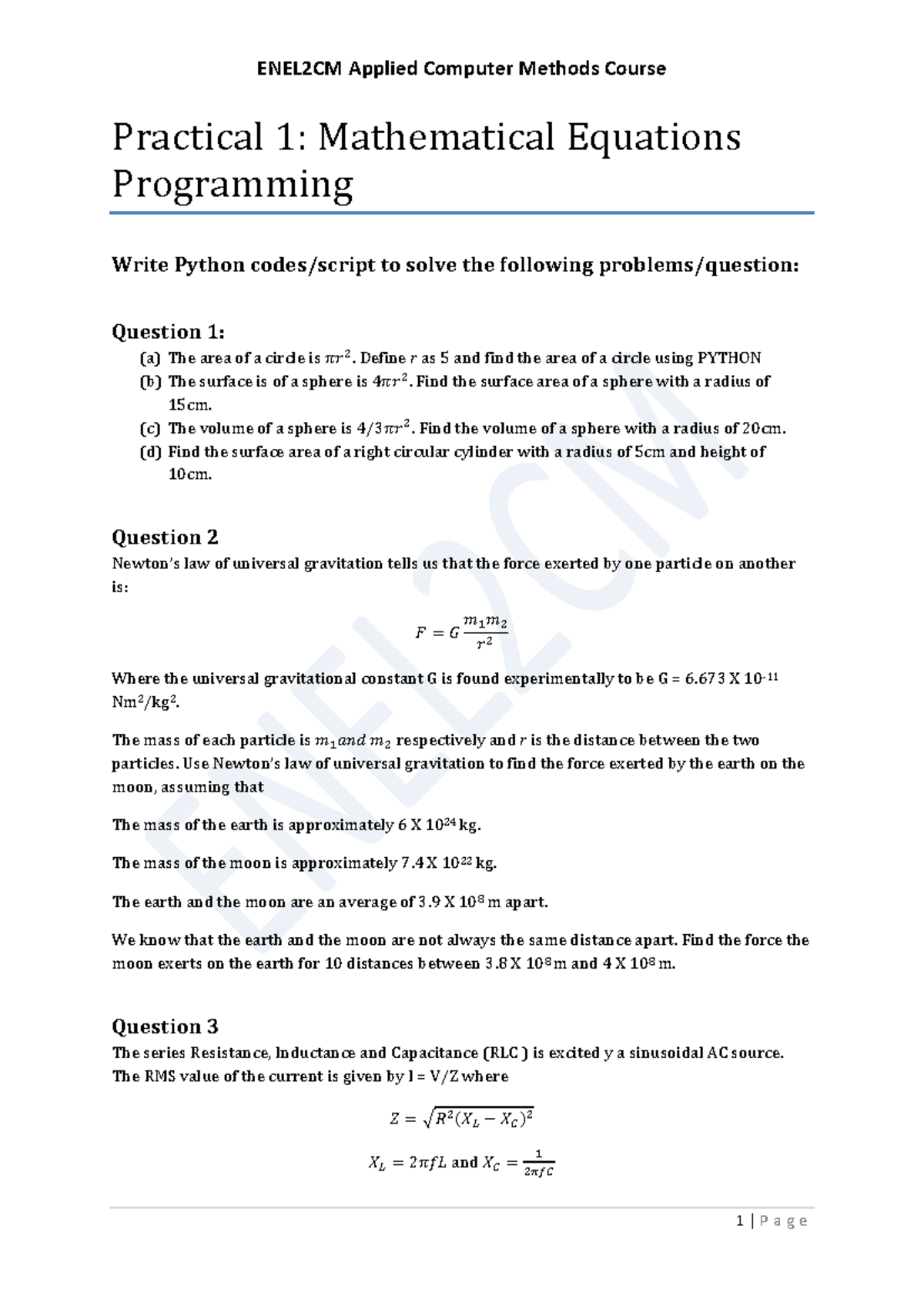 ENEL2CM Practical 1: Python Solutions for Math & Physics Problems - Studocu
