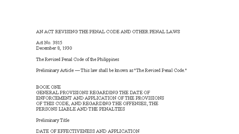 Revised Penal Code Of The Philippines Act No 3815 Overview Studocu