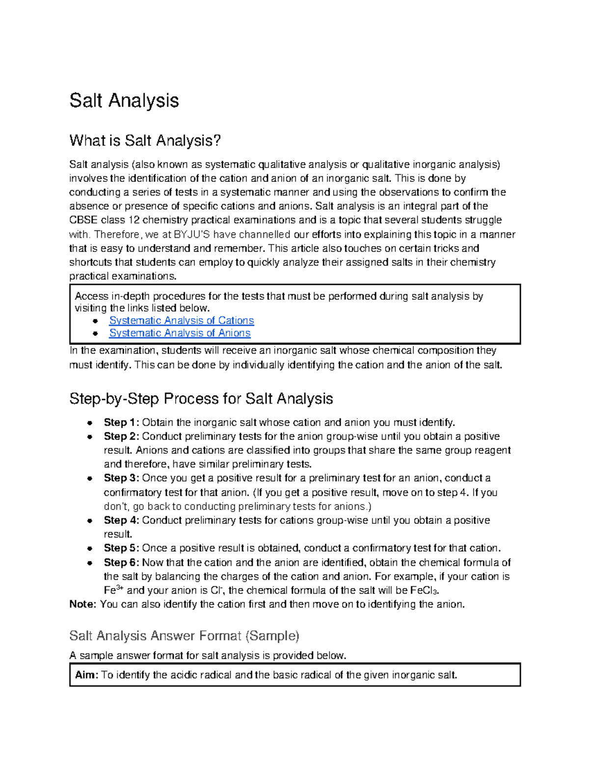 CBSE Class 12 Chemistry: Salt Analysis Practical Guidelines - Studocu