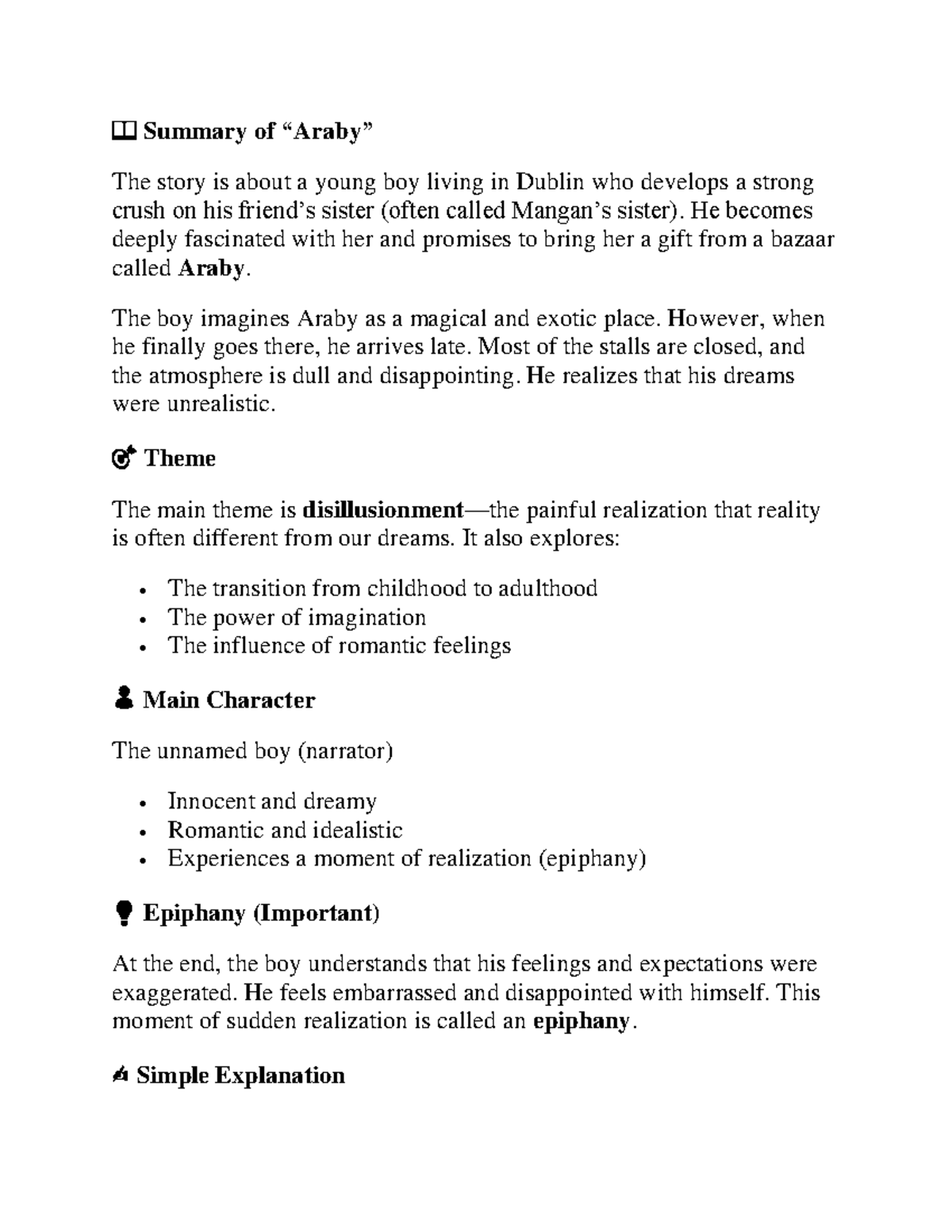 Summary of Araby (ENGL 101) - Themes, Characters, and Analysis - Studocu