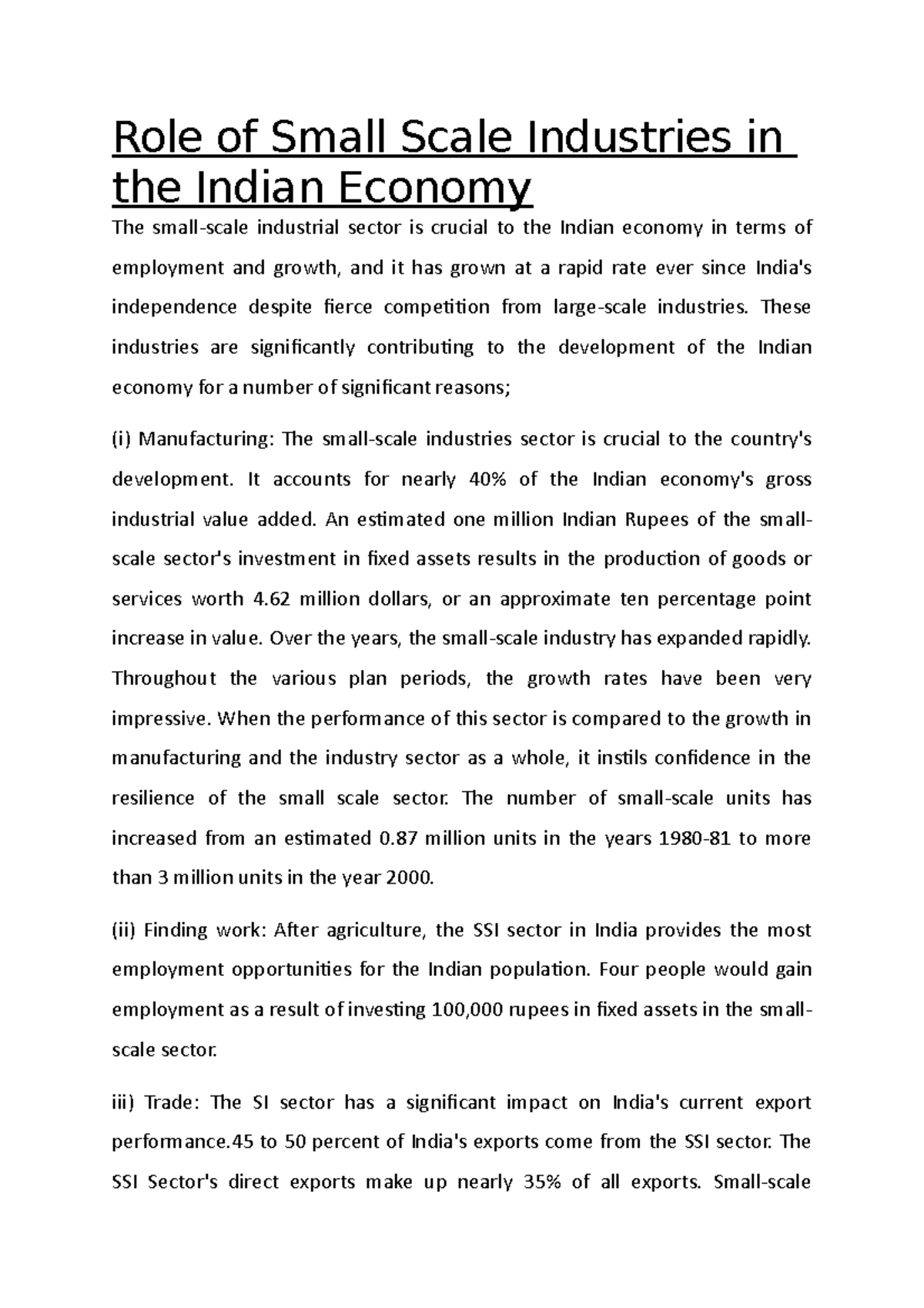 Role of Small Scale Industries in the Indian Economy - Role of Small ...