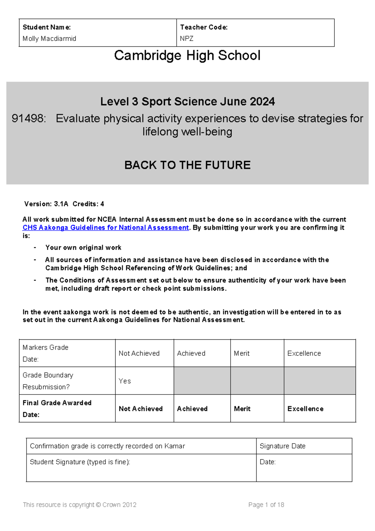 NPZ Level 3 Sport Science Internal Assessment: Evaluating Lifelong ...