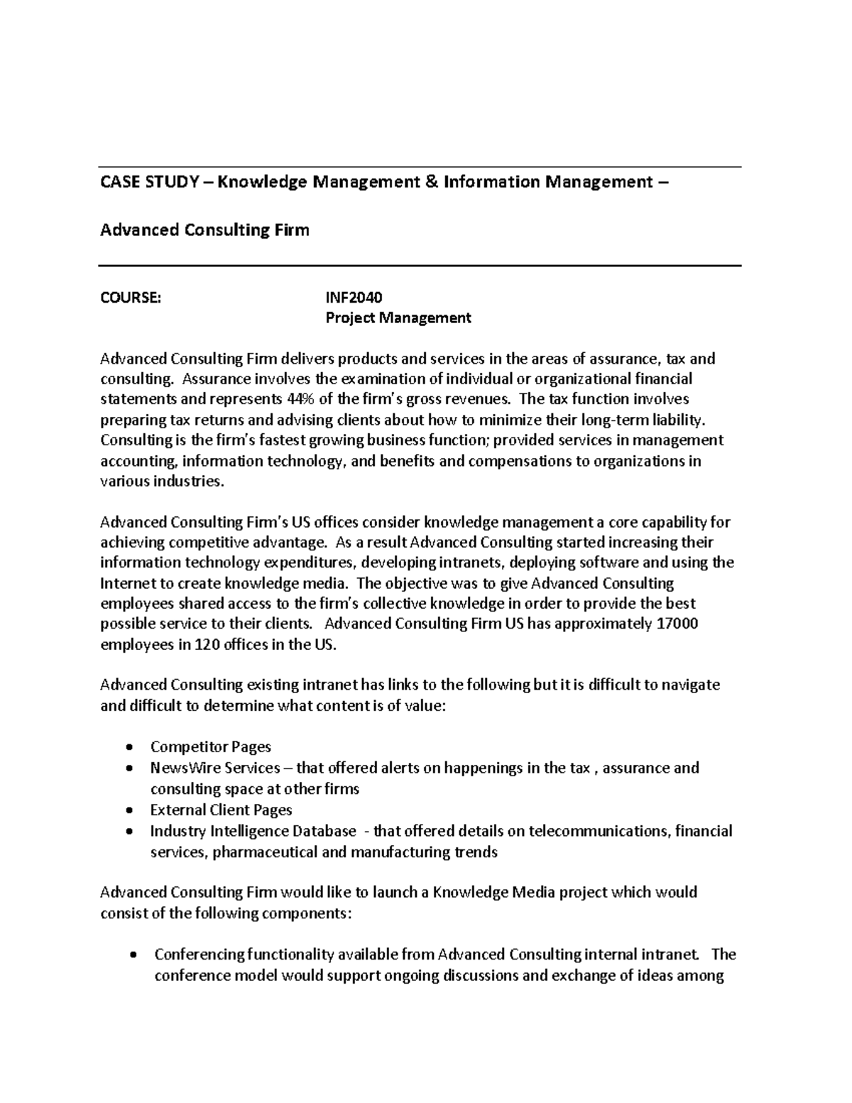 Case Study Knowledge Management Information Management - CASE STUDY ...