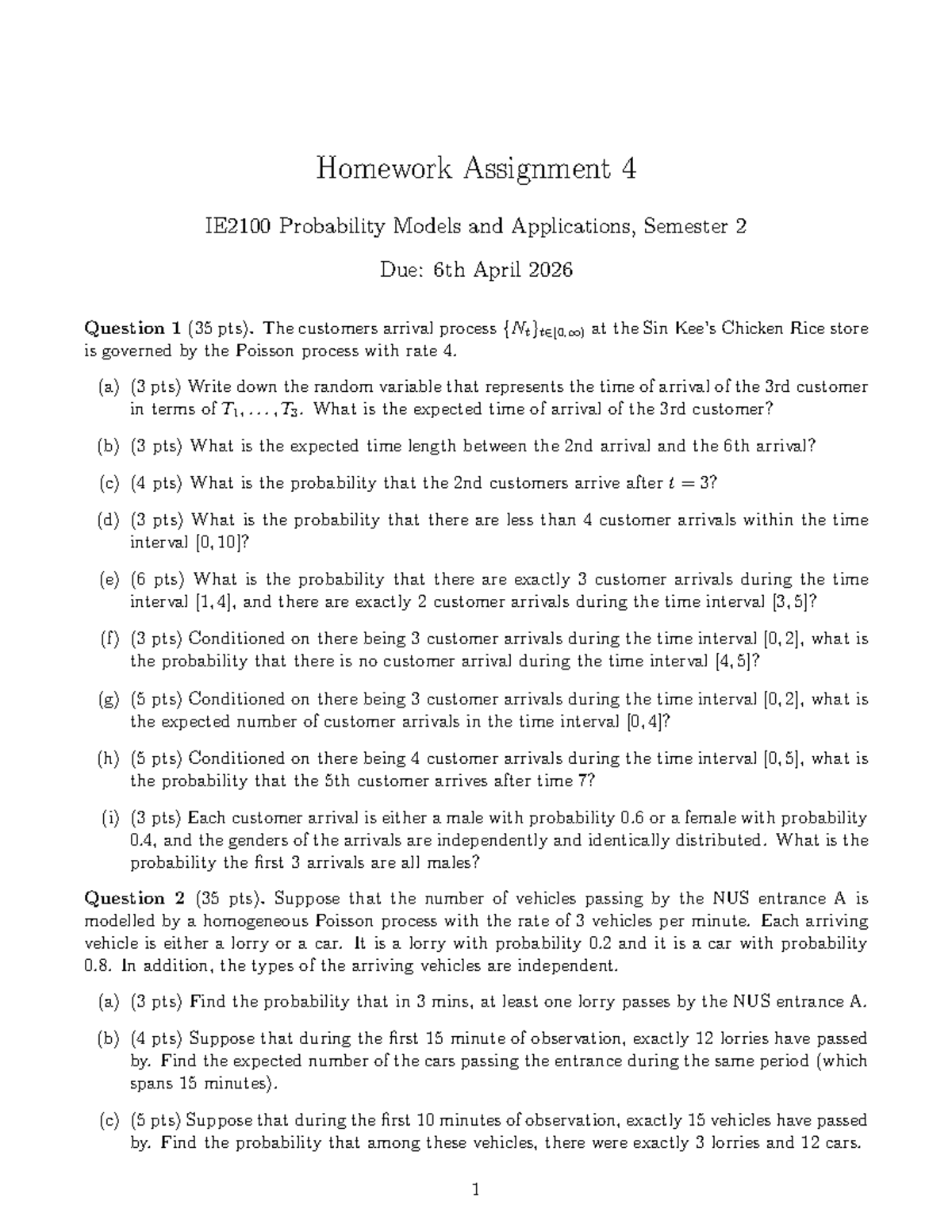 Homework Assignment 4 IE2100: Probability Models & Applications - Studocu