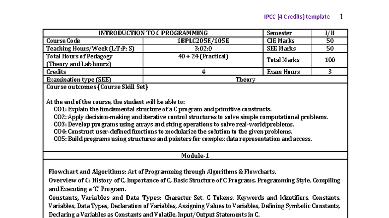 IPCC (4 Credits) - Introduction to C Programming Syllabus - Studocu
