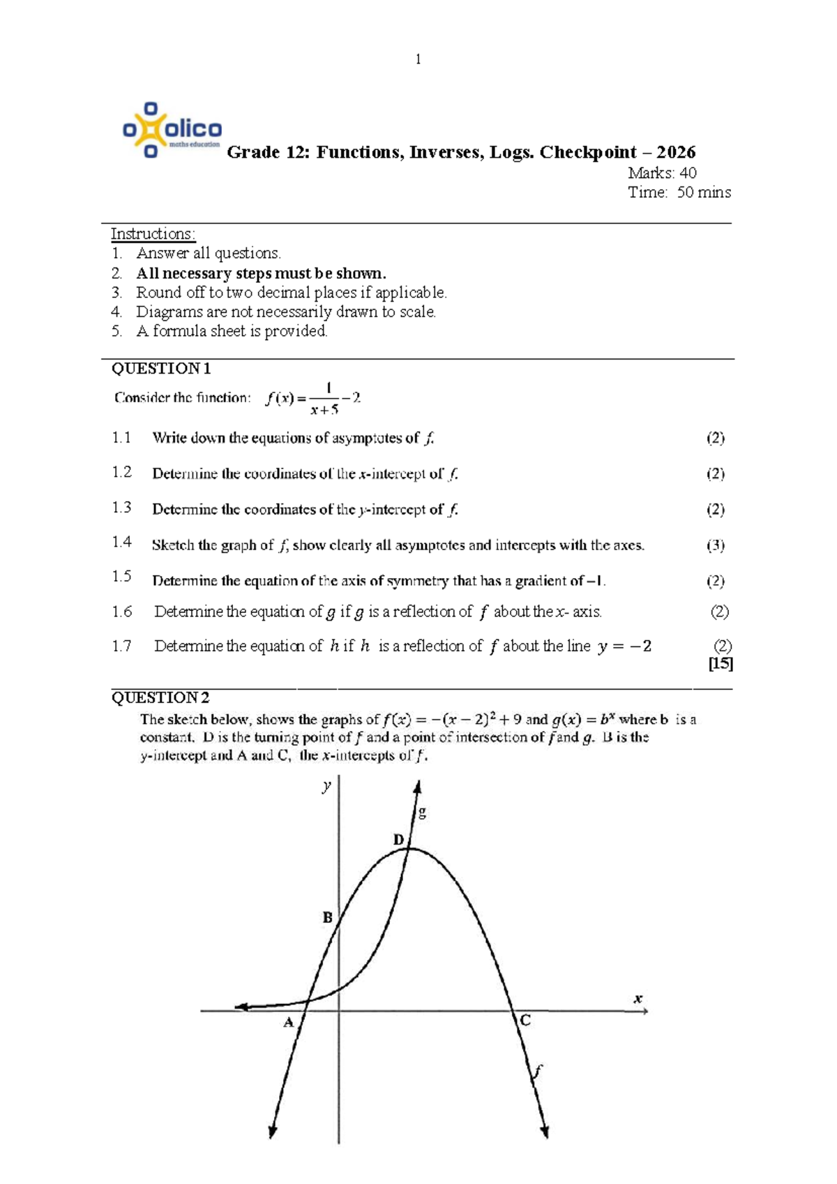 Gr 12: Functions, Inverses & Logs Checkpoint 2026 Exam Guide - Studocu