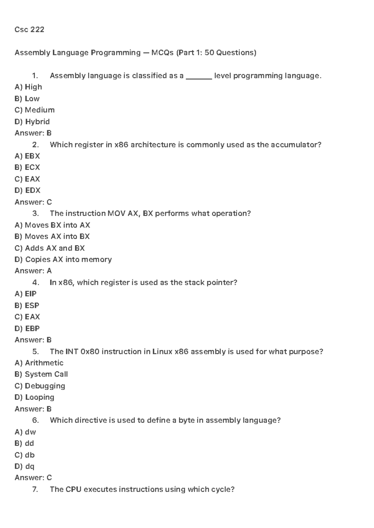 Csc 222 - Assembly Language Programming MCQs Practice (Part 1) - Studocu