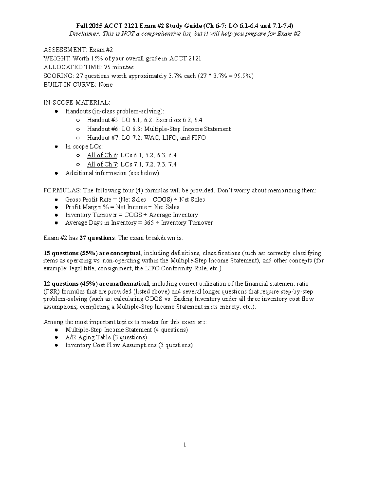 Fall 2025 ACCT 2121 Exam #2 Study Guide (Ch 6-7: LO 6.1-7.4) - Studocu