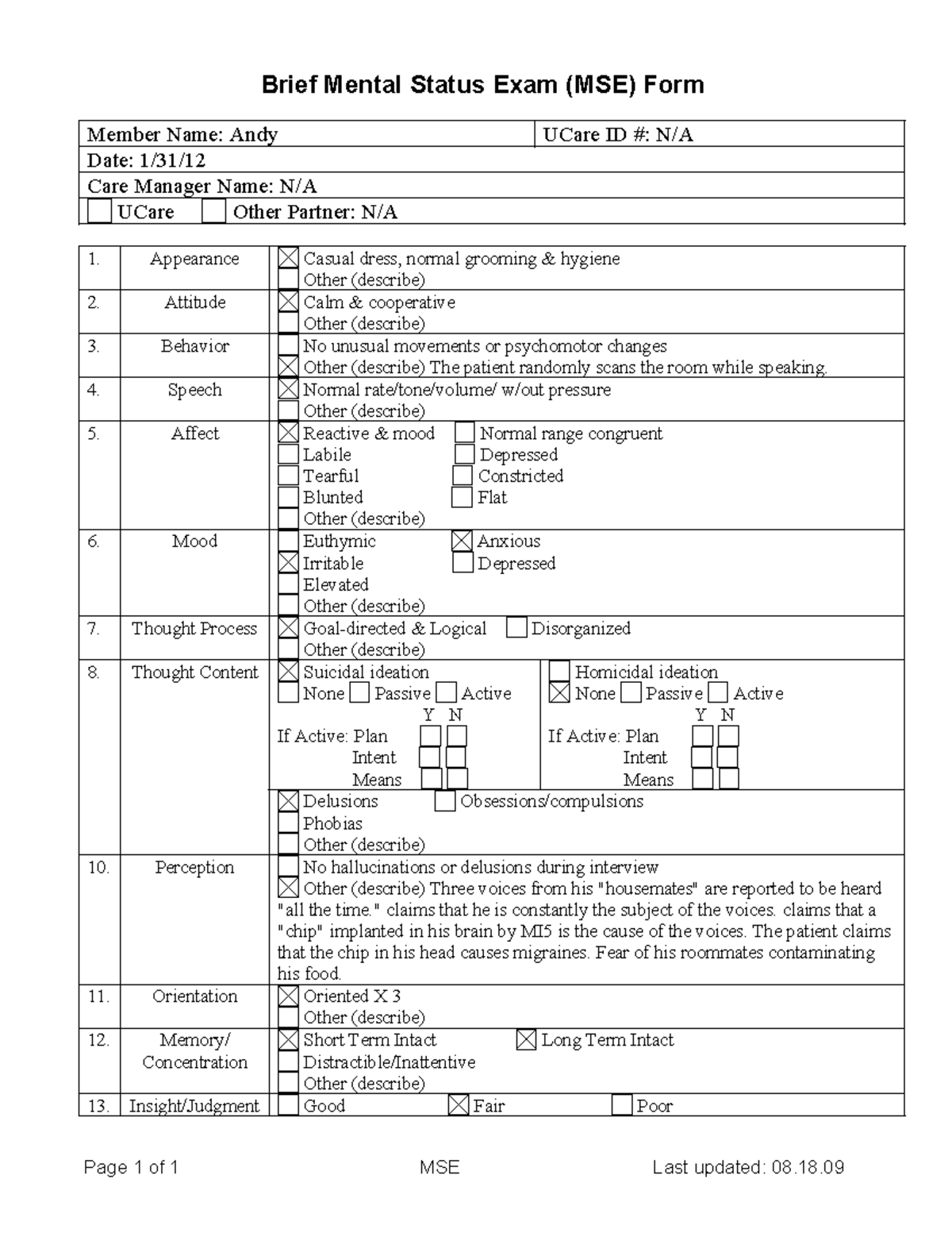 Andy mod 8 - Andt mod - Brief Mental Status Exam (MSE) Form Member Name ...