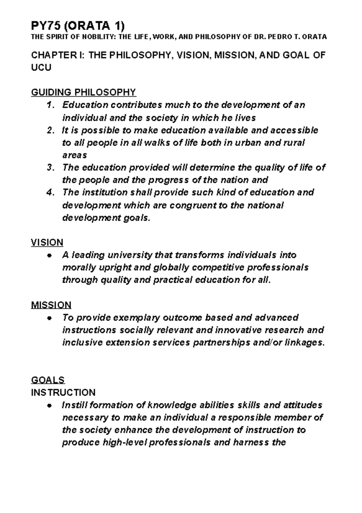 PY75 (ORATA 1) Chapter 1: Philosophy, Vision, and Mission of UCU - Studocu