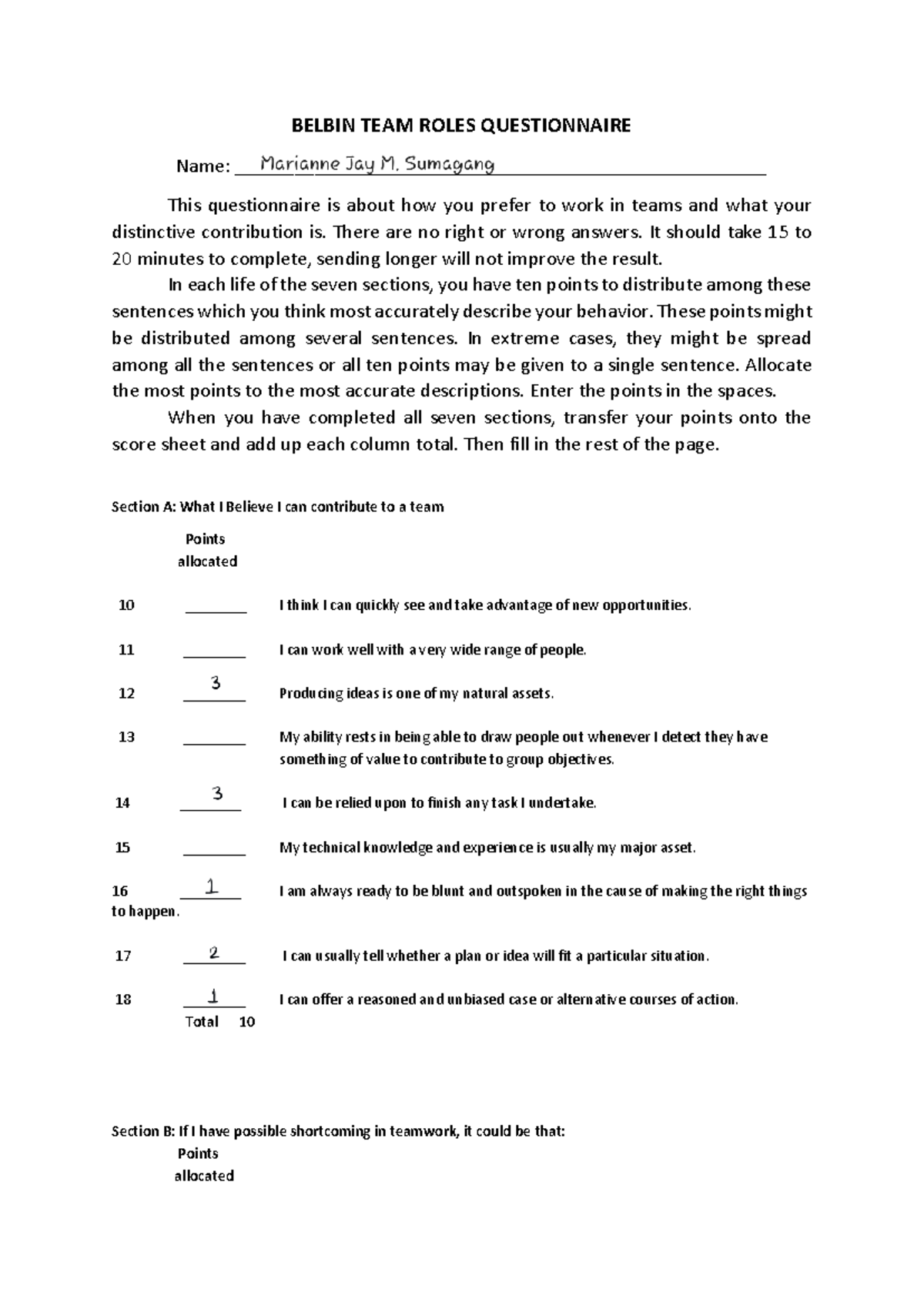 BELBIN TEAM ROLES QUESTIONNAIRE: Self-Assessment Guide - Studocu
