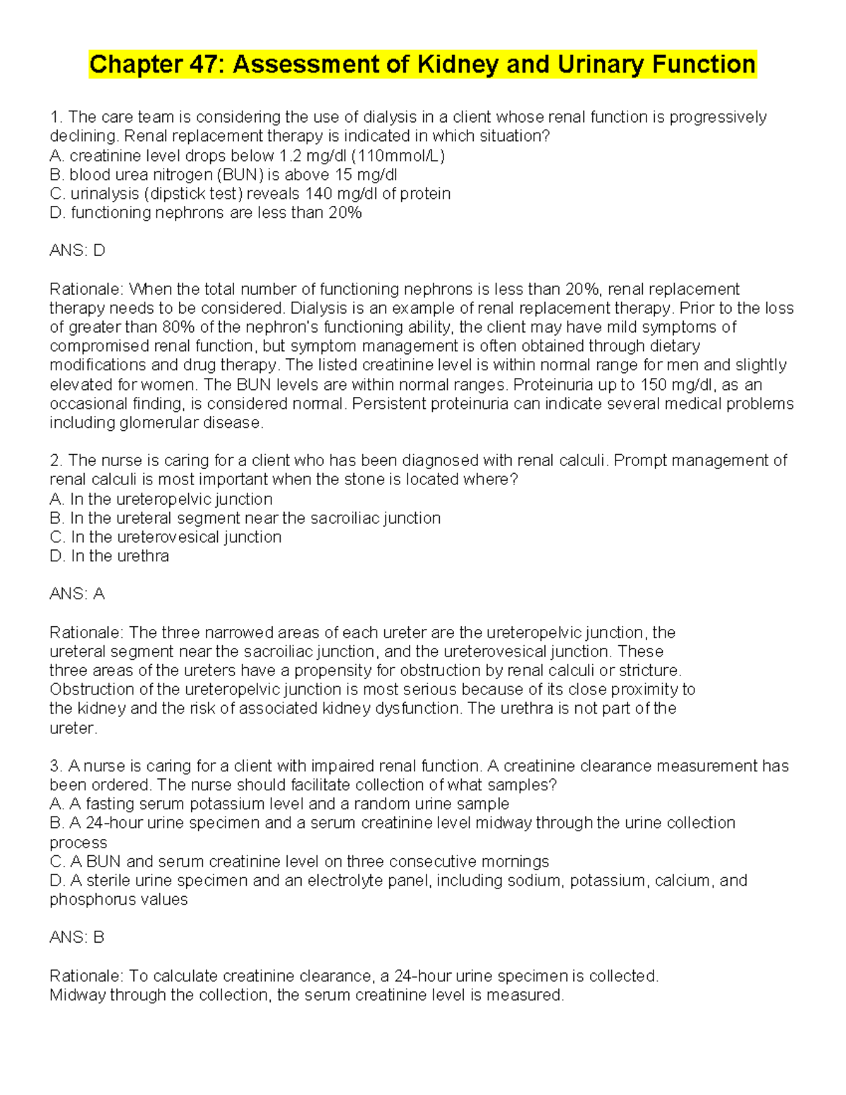 Exam II Kidney and Urinary Function Assessment Test Bank Questions ...