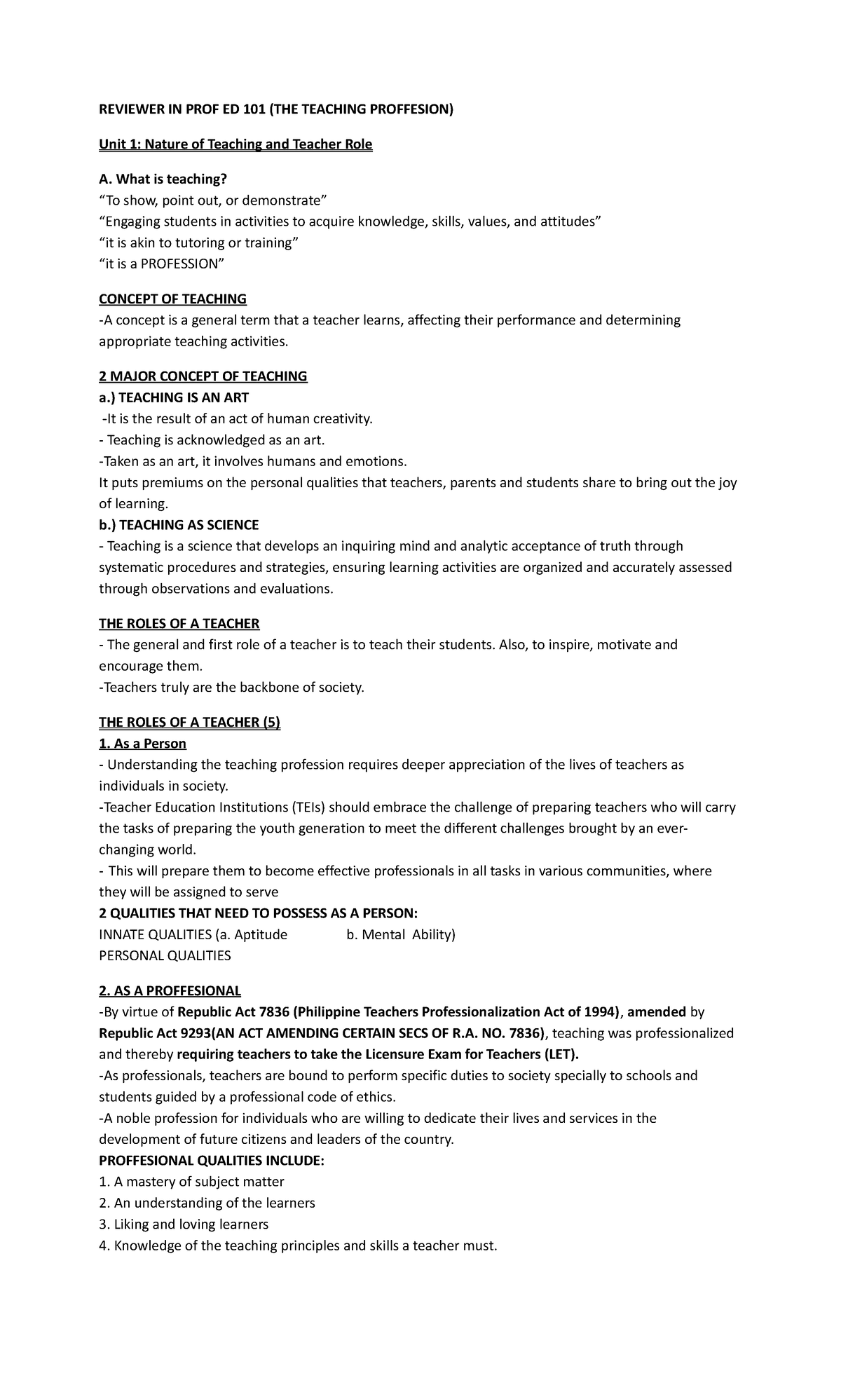 REVIEWER FOR PROF ED 101: UNITS 1 & 2 ON TEACHING FOUNDATIONS - Studocu