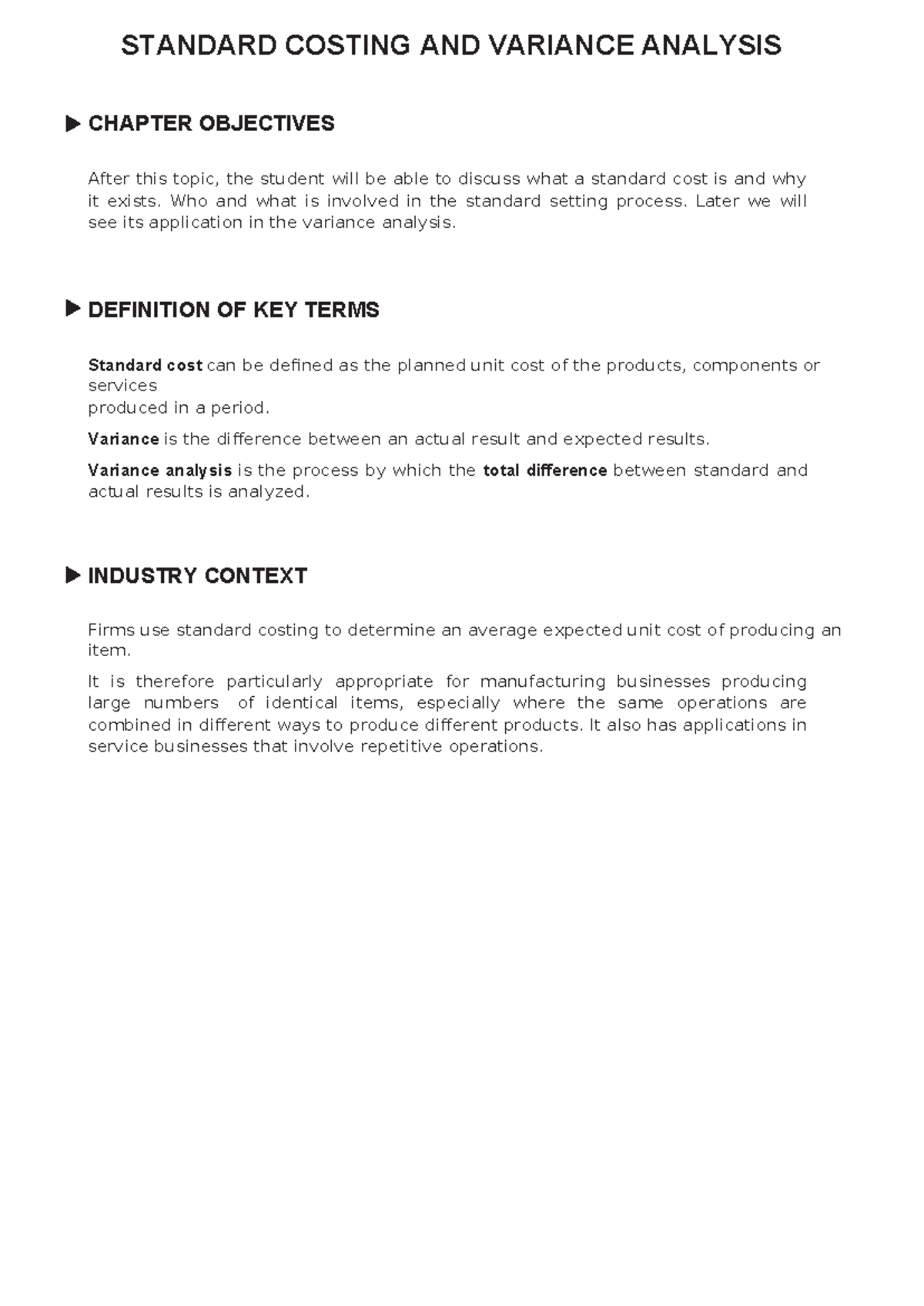 STANDARD COSTING AND VARIANCE ANALYSIS: CHAPTER OVERVIEW - Studocu