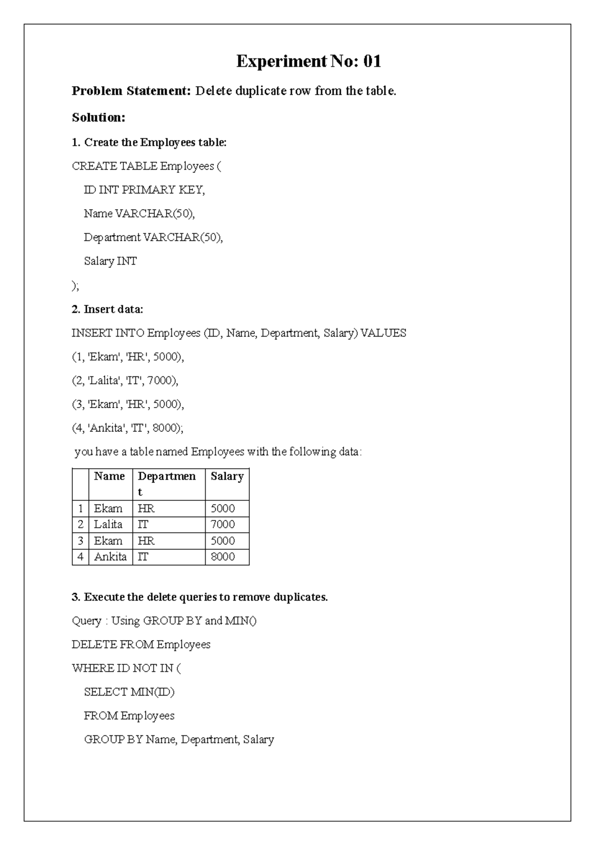 DBMS Practical File - Experiment No: 01 Problem Statement: Delete ...
