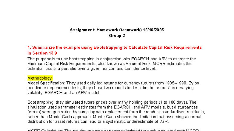 Assignment: Teamwork Group 2 - Bootstrapping & MCRR Analysis - Studocu
