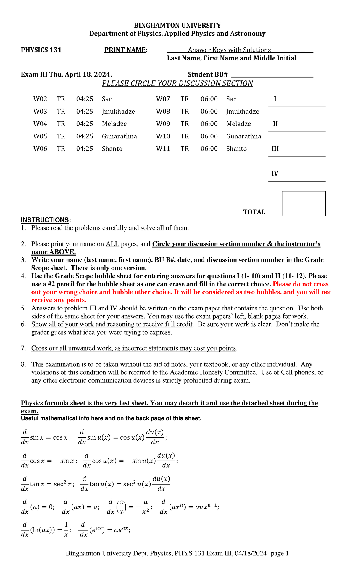 BINGHAMTON UNIVERSITY PHYS 131 Final Exam Answer Key with Solutions ...