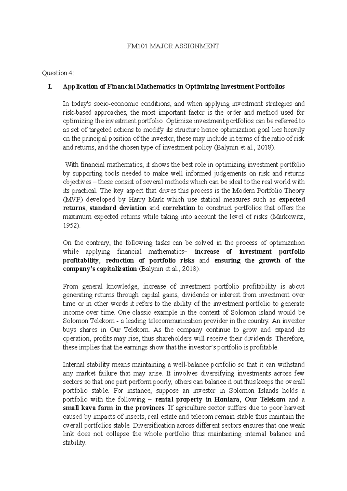 FM101 Major Assignment: Financial Math in Investment Portfolio ...