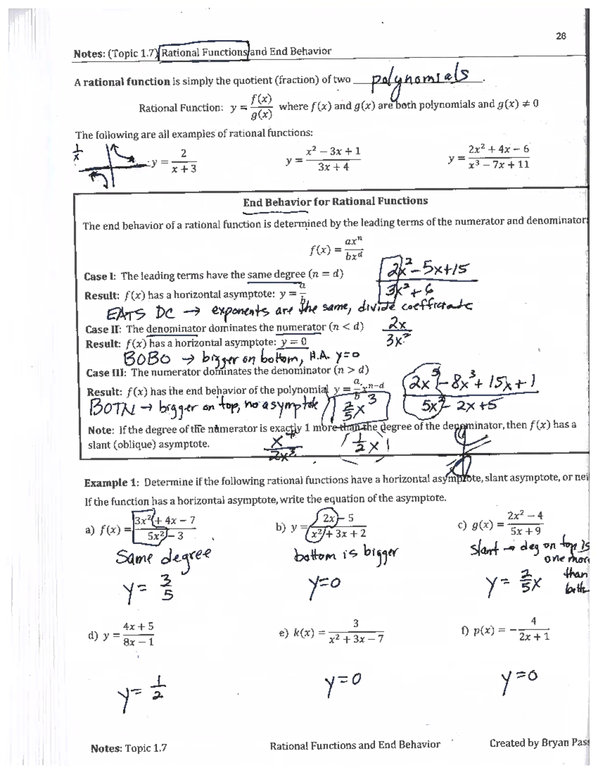 1.7 Notes: Rational Functions and End Behavior Analysis - Studocu
